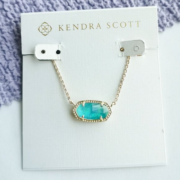 Kendra Scott Elisa Aqua Kyocera Opal Gold Pendant Necklace NEW - Picture 1 of 5